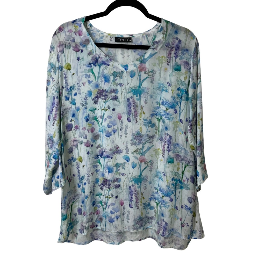 APNY Floral Watercolor Sheer V-Neck Blouse Fairy Cottagecore Silky Cupro Viscose